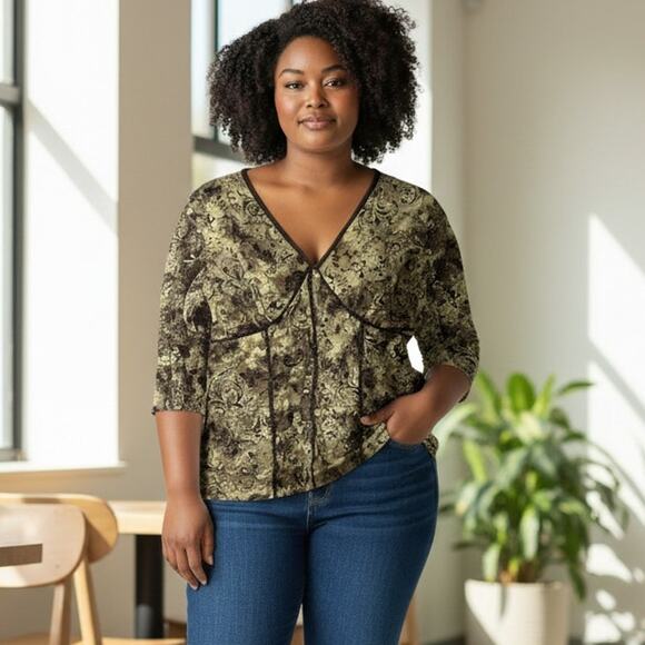 Vintage Y2K 2000s CATO Lace Seamed Top Plus Size 14/16W Brown Cream Neutral - Picture 1 of 7